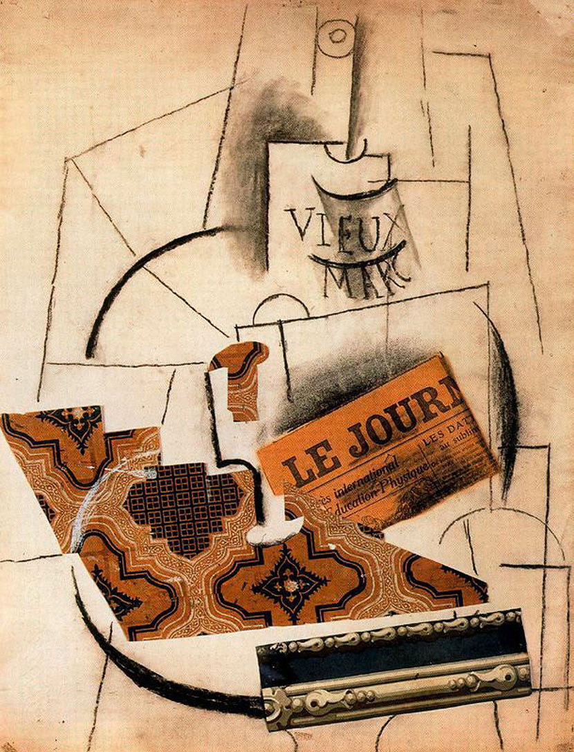 Picasso Bottle of Vieux Marc, Glass and Newspaper 1913